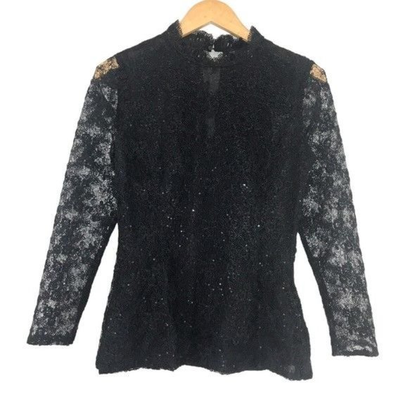 ZARA Mesh Embroidered Sequin Lace Top Black Size Medium - Picture 4 of 10